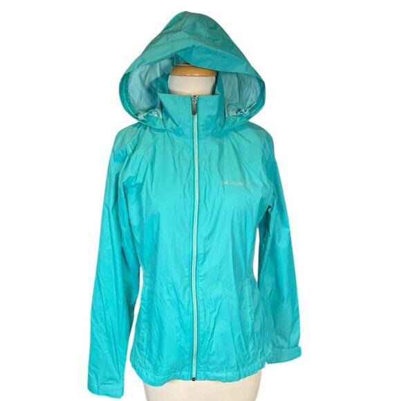 Columbia Womens Small Hide Hooded Windbreaker Rain Jacket Turquoise Lightweight - Picture 1 of 14